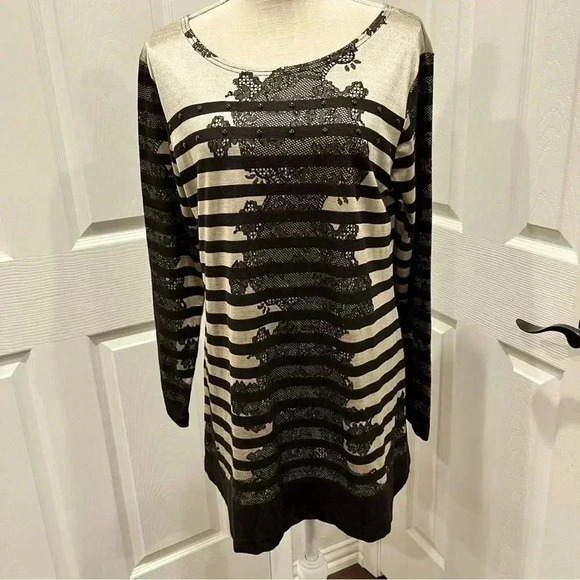 Isabel Gorgeous long lace Striped gold & black blouse shirt tunic w beading - Picture 1 of 8